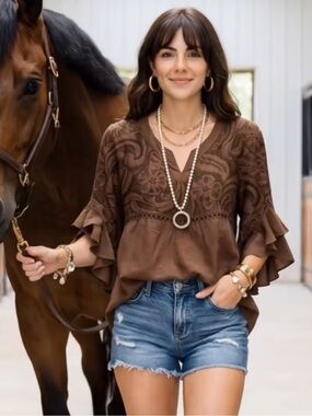 Boho Brown Embroidered V-Neck Ruffle Sleeve Blouse L